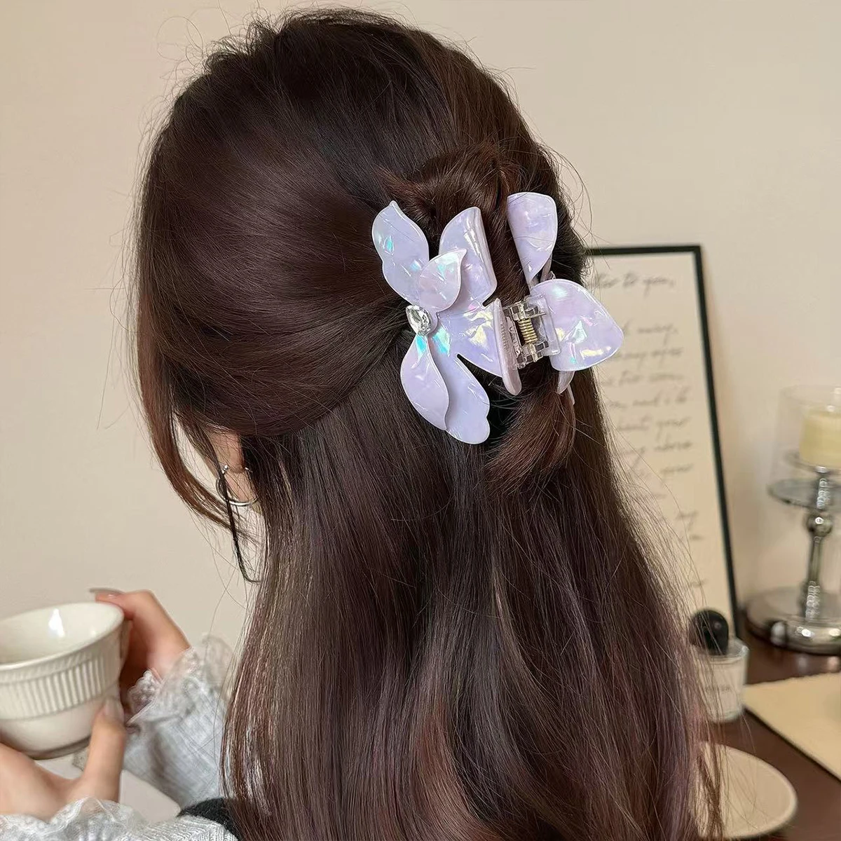 1 Stück dreidimensionale, mit Diamanten besetzte Bougainvillea-Haarspange aus Acetat, neue koreanische Version, modische, schlichte, bunte Haarklammer – Detail 6