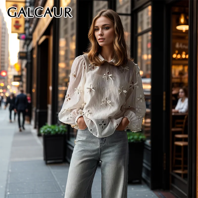 

GALCAUR Hollow Out Casual Shirts For Women Round Neck Long Sleeve Patchwork Bow Loose Folds Pullover Spring Solid Blouse Female