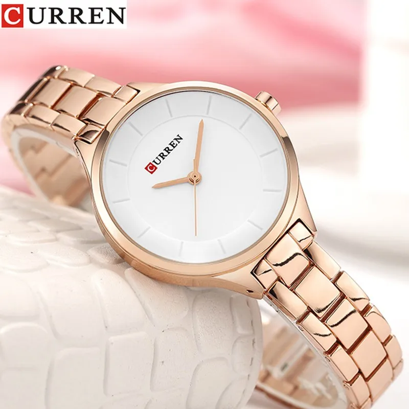 CURREN Fashion Women Watch Top Brand Luxury Ladies Girl Wristwatch Rose Gold Stainless Steel Bracelet Blue Female Clock 9015