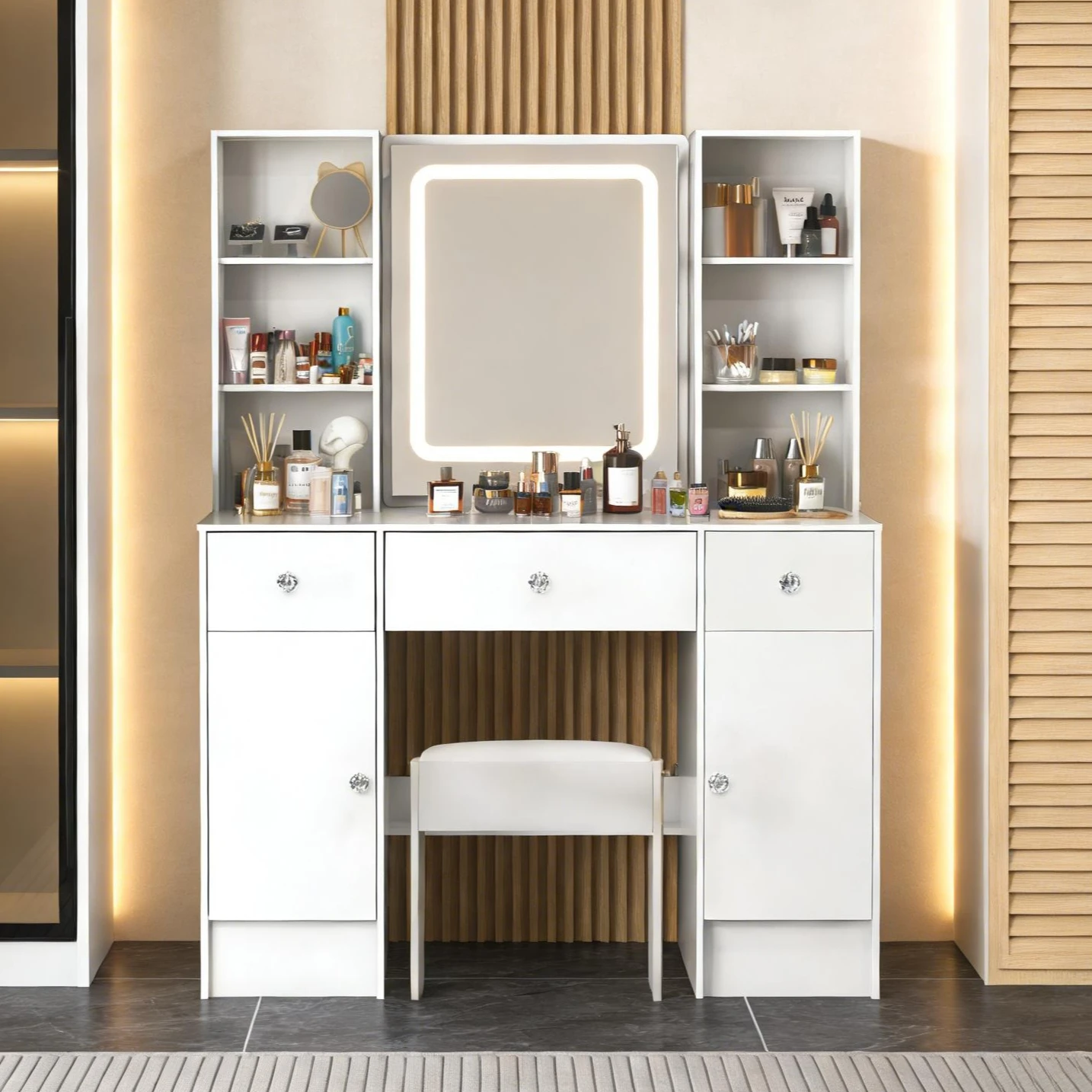 

НОВЫЙ Белый большой туалетный столик с зеркалом с LED-подсветкой, 3 ящиками и табуретом, 3 цвета, регулируемая яркость, простая сборка, прочная рама, для спальни