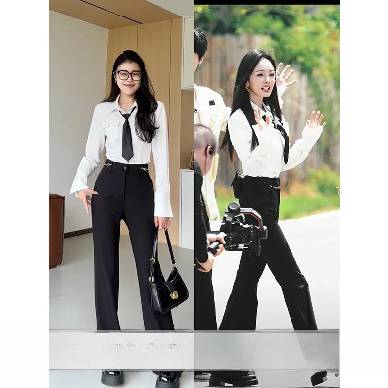 

Ele High Waist Straight Leg Pants with Chain Detail Netie High Rank Fem Character Faion Set Autumn Commute Sle