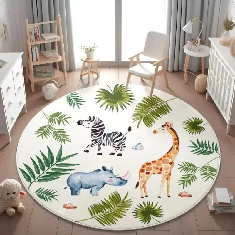 Round Rug for Kids Room, Giraffe Elephant Lion Design, Non-Slip Floor Mat for Bedroom or Playroom