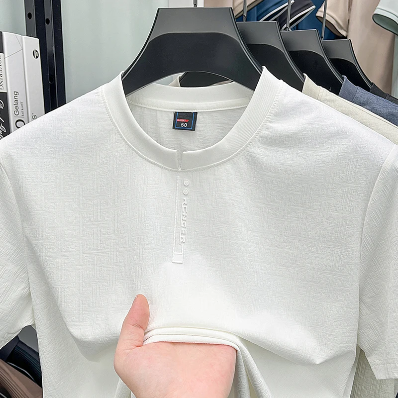 

226 Summer Thin Men's Round Neck Short Sleeved T-shirt Loose Casual Solid Color Pullover Versatile Top Breathable T-shirt