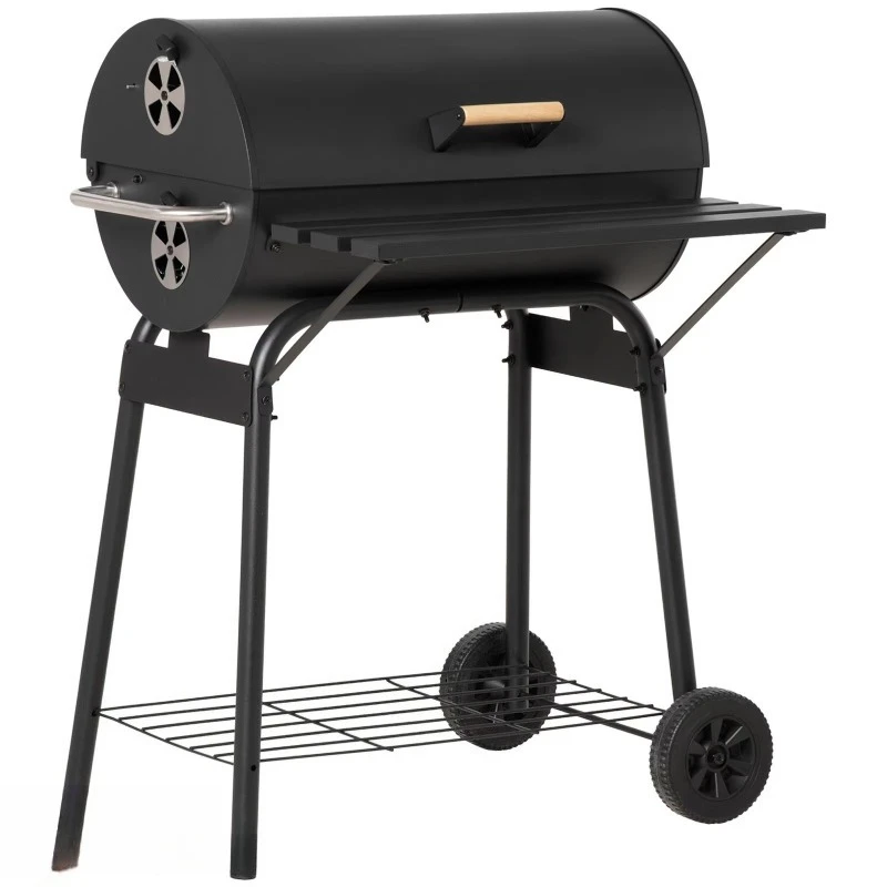 30-Inch Portable Charcoal Barbecue Grill with Wheels for Outdoor Camping Features Adjustable Charcoal Rack and Storage Shelf