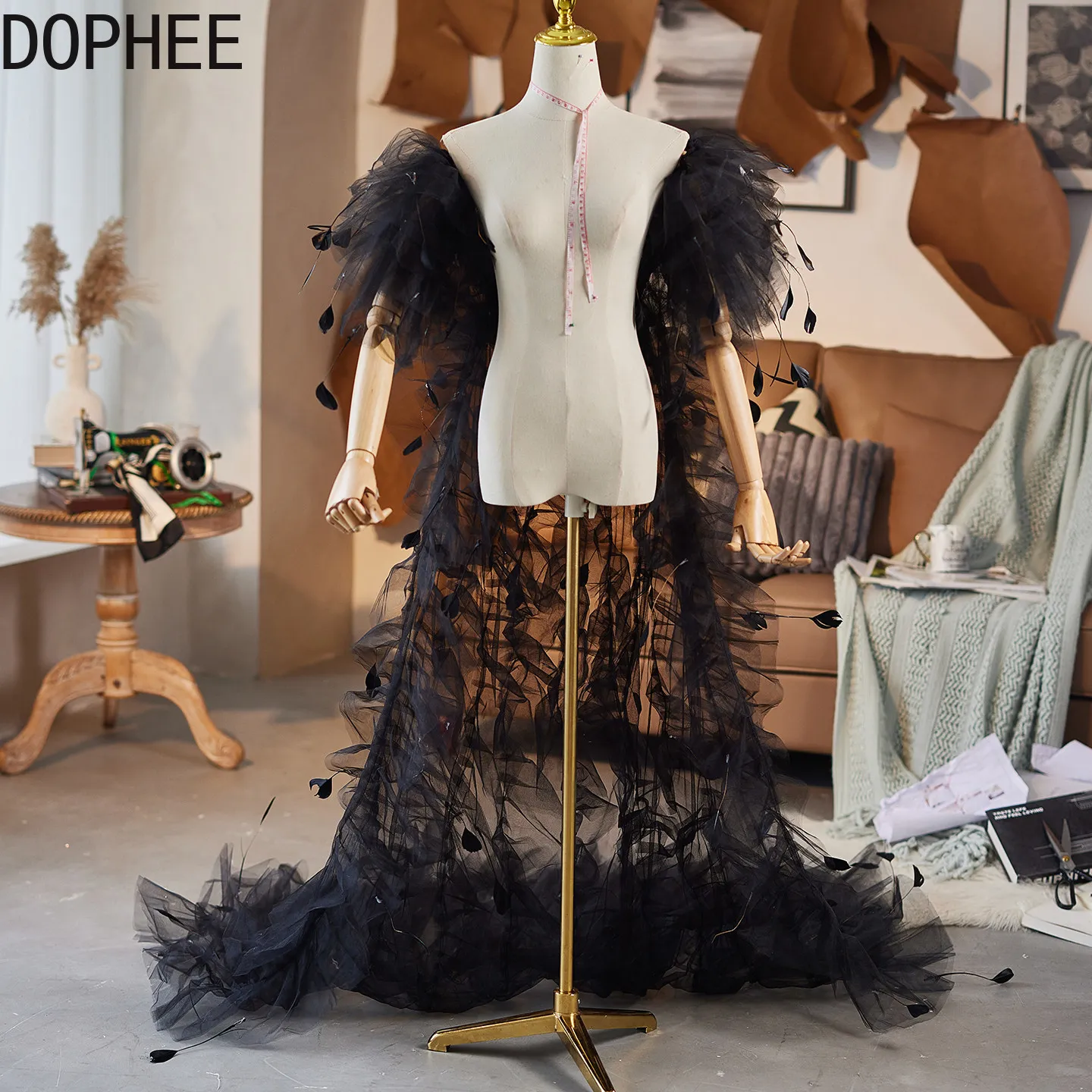 Original Mopping The Floor Black Big Trailing Year-end Party Hostess Attire Accessories Runway Performance Stage Mesh Shawl