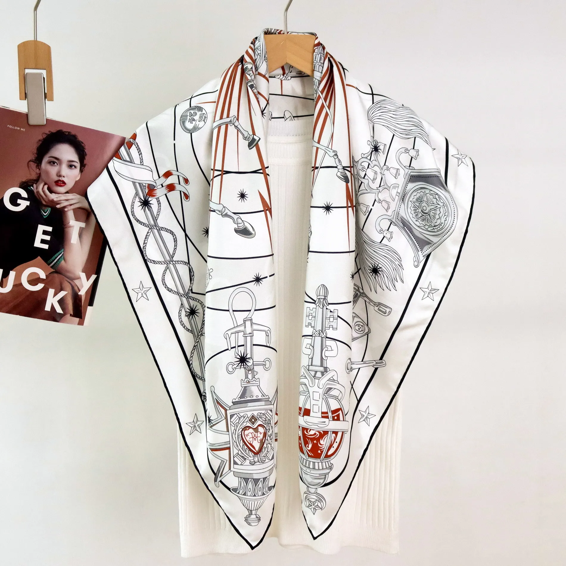 High-end Elegant Women's Music Starry Patterned Quality 14MM Twill 100% Mulberry Silk Hand-rolled Edge Large Square Scarf Shawl