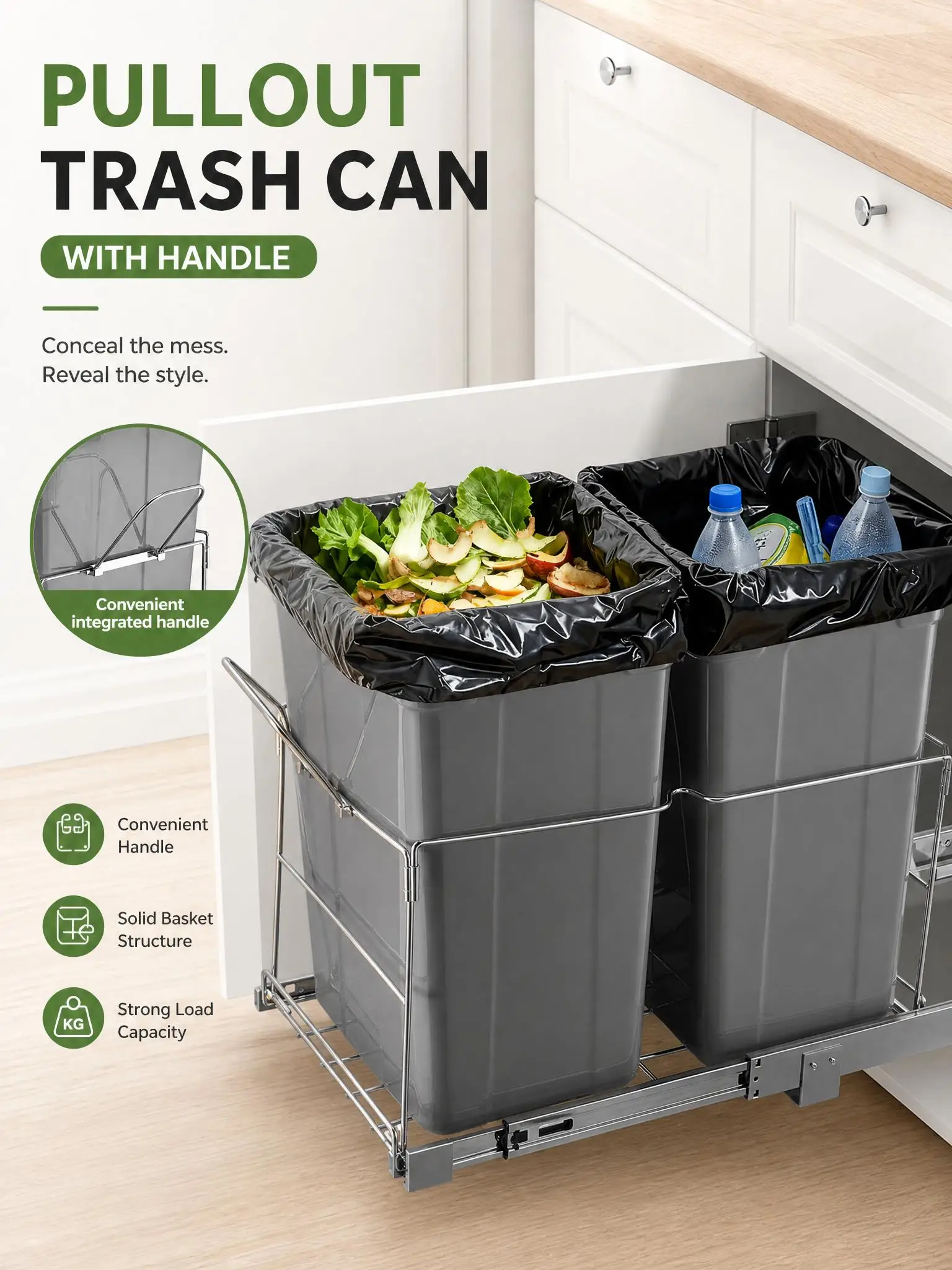 35QT Pull Out Trash Can Under Sink, Double Cabinet Waste Bin with Chrome Wire Bottom Mount and Handle, Heavy Duty Kitchen Garbage Recycling Container