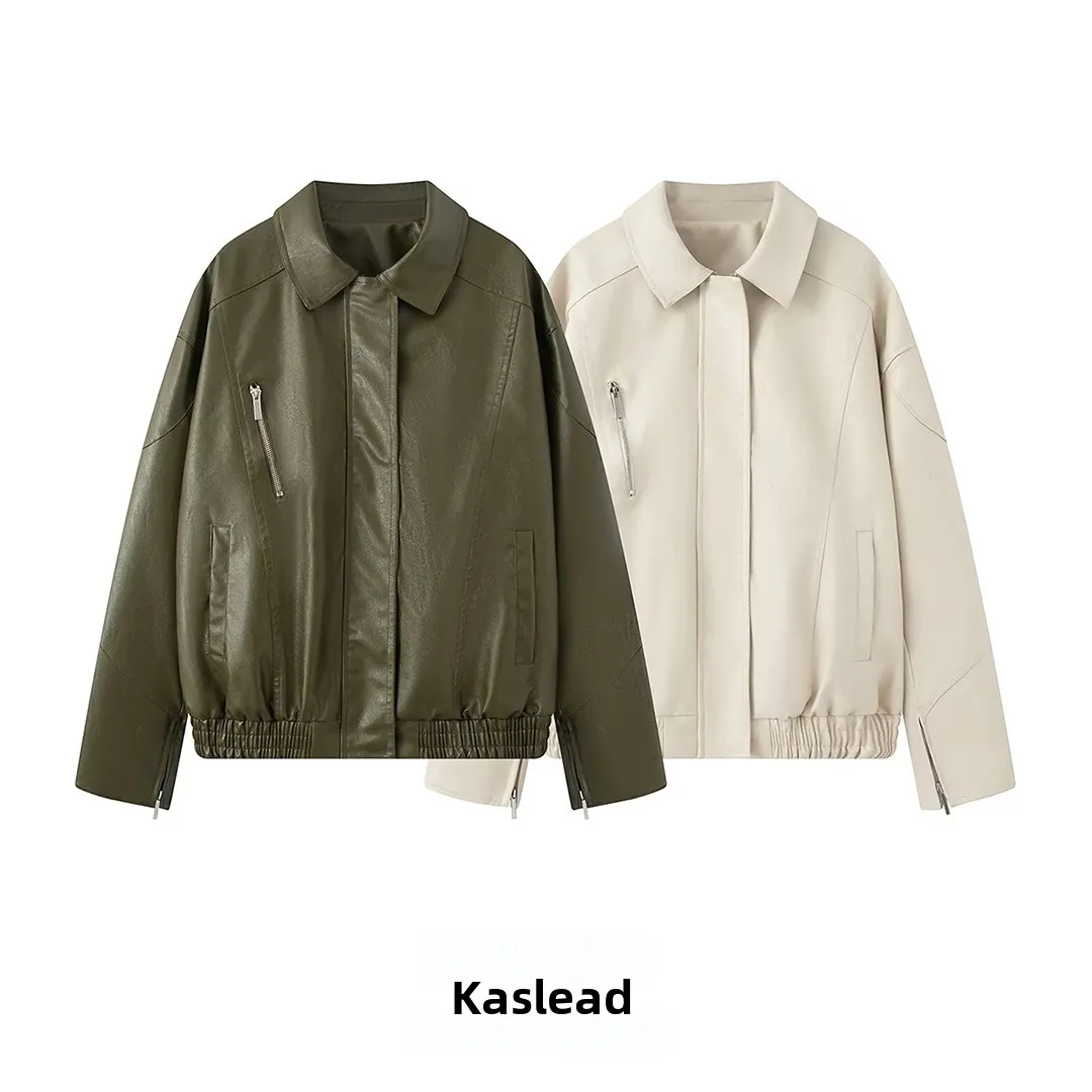 

KASLEAD Новая женская повседневная свободная кожаная куртка, простая винтажная уличная мода, длинная застежка-молния, волокно полиэфирного волокна
