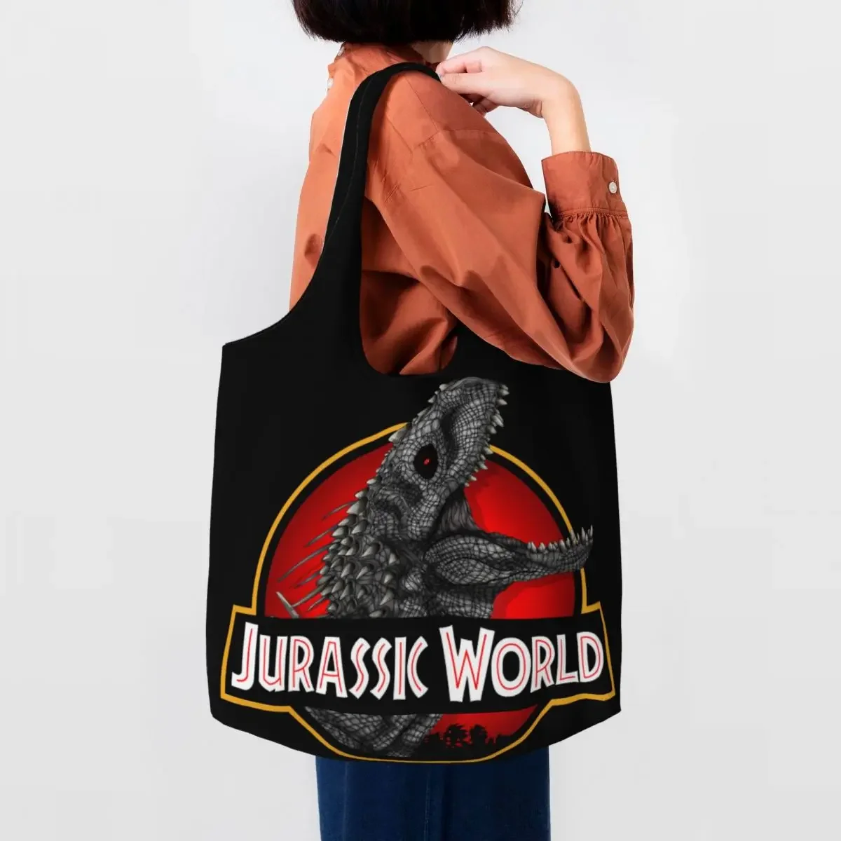 Jurassic World Indominus Rex Canvas Shopping Bag Women Durable Big Capacity Groceries Dinosaur Film Tote Shopper Bags Handbag