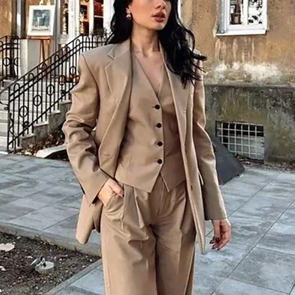 

Luxury Women's Suit Stylish Notch Lapel Front Flat Casual Three Pieces Single Breasted Solid Color Office Lady Formal Set