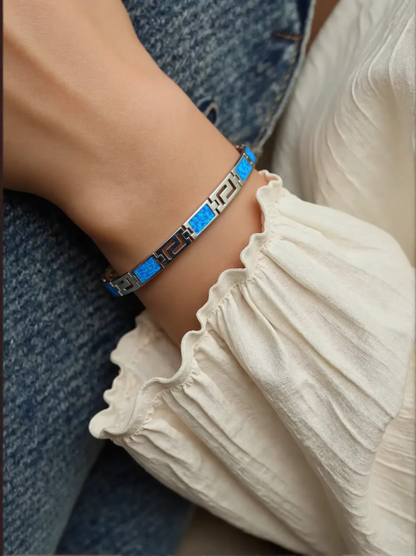 JLOP بوهو بحر إيجه الأزرق متعرج اليونانية مفتاح أوبال قلادة وسوار اليونان القديمة مستوحاة مجموعة مجوهرات فاخرة هدية لصديقتك