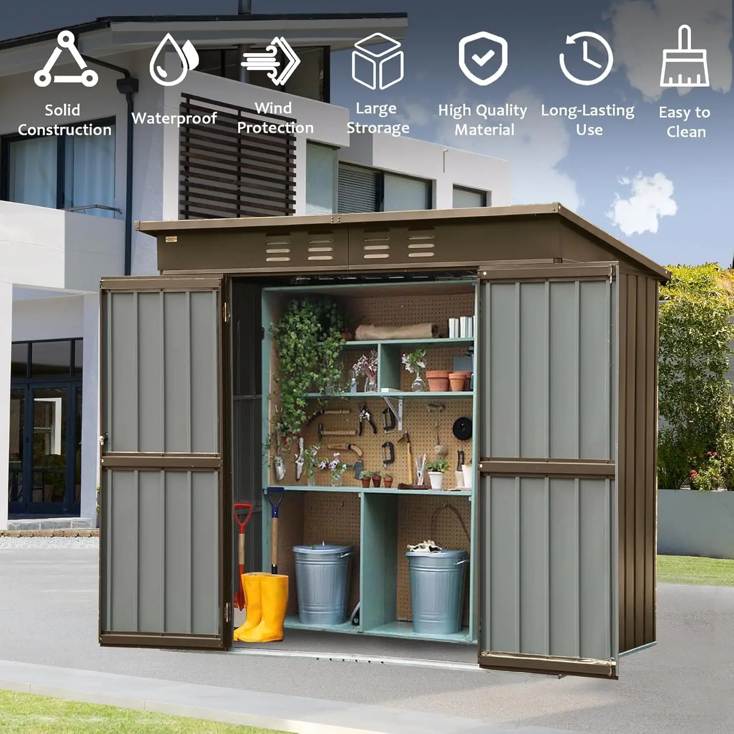 6X4Ft Outdoor Metal Storage Shed, Storage Tool Sheds Tool Sheds With Lockable Double Door, Waterproof Steel Storage House For