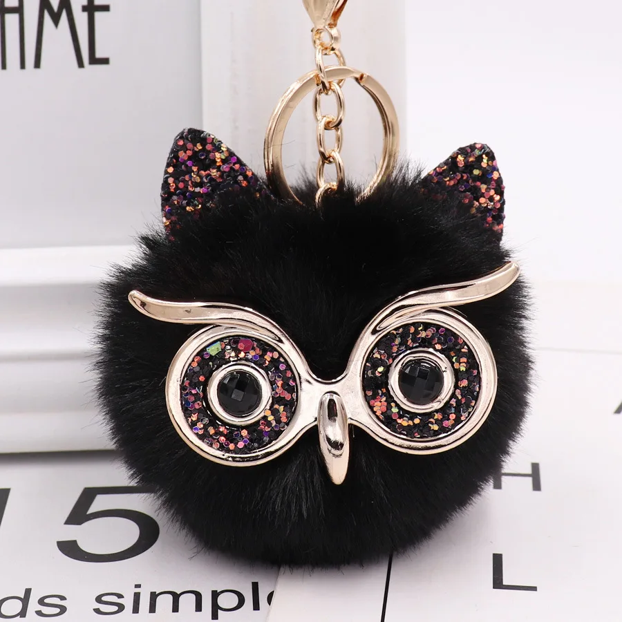 Owl Plush Keychain Cute Fluffy Big Eyes Glitter Charm Bag Pendant Car Animal Women\'s Gifts Trinket Best Gift Keyring Accessories