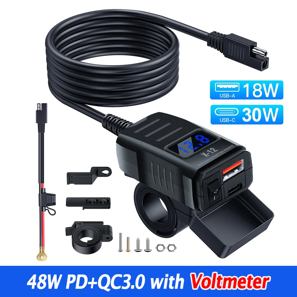 

Водонепроницаемое зарядное устройство для мотоциклетного руля 48W PD QC3.0 с двумя портами, выключателем и вольтметром, адаптер питания 12V-24V SAE