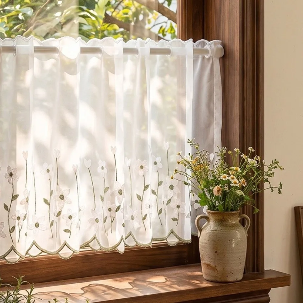 Lavender Pattern Floral Pattern Lace Curtains Embroidered Floral Light Blocking Short Curtains Cottage Style Dust-Proof