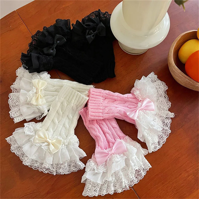 Women Fake Sleeve Knitted Ruffles Cuffs Lolita Black White False Sleeves Edges Cuffs Detachable Wrist Warmer for Shirt Sweater