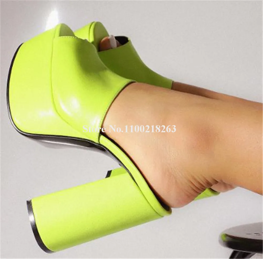 Yellow High Platform Block Heel Slippers Sexy Peep Toe Matte Leather White Pink Chunky Heel Sandals Big Size Party Heels