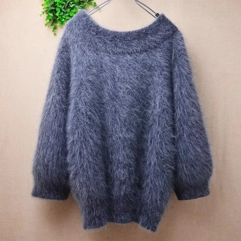 

Женская осенне-зимняя одежда Mujer, толстый теплый серый волосатый норковый кашемировый вязаный свободный свитер с рукавами три четверти