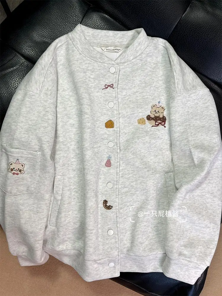 Y2K Korean Preppy Cartoon Bear Cute Embroidered Loose Baseball Jacket Hoodie Women Gray Long Sleever Sweatshirt Coat Sweet Girls