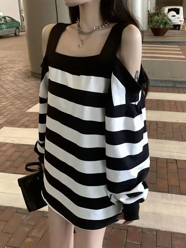 الكورية موضة قبالة الكتف مخطط تي شيرت المرأة البلوز القمم الإناث الخريف فضفاض عادية تيز سيدة شيك فانوس كم القمم #4