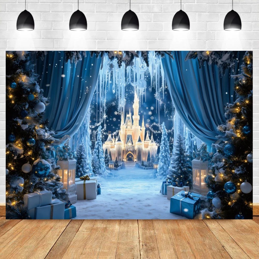 

Winter Ice Castle Decorated Christmas Photography Glitter Xmas Tree Snowy Children Portrait Party Background Photo Booth Props