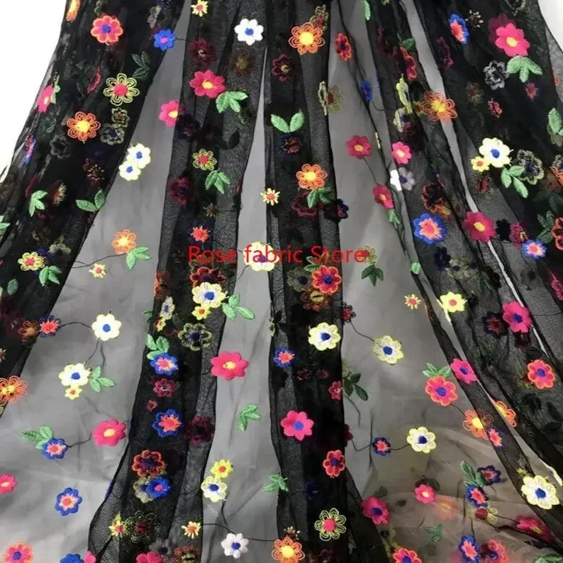 Colorful flower embroidery lace fabric floral white beige black soft tulle for wedding dress girl dress Veil 51" width 1 yard