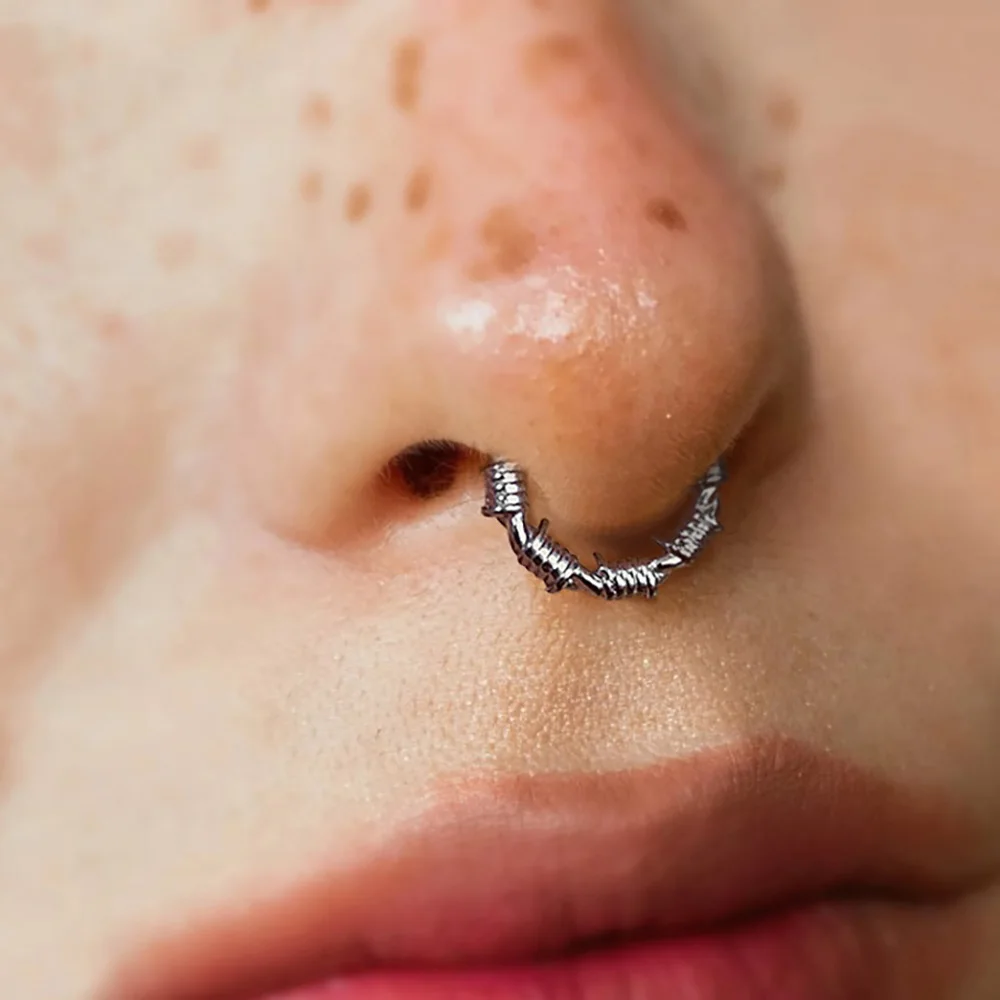 Casvort 1PCS 8mm Stainless  Barbed Wire Nose Rings Septum Hinged Clip Cartilage 16g Hoop Earrings Piercing Jewelry Chic Wild