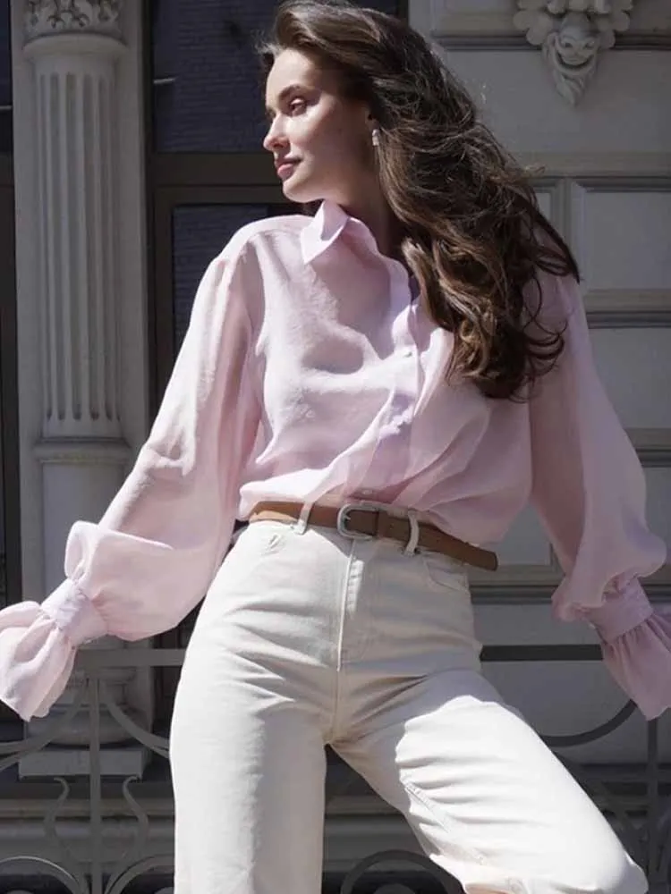

MCDV Elegant Loose Women's Blouse Lapel Single Breasted Long Flare Sleeve Casual Shirt Top 2025 Autumn High Street Lady Cardigan