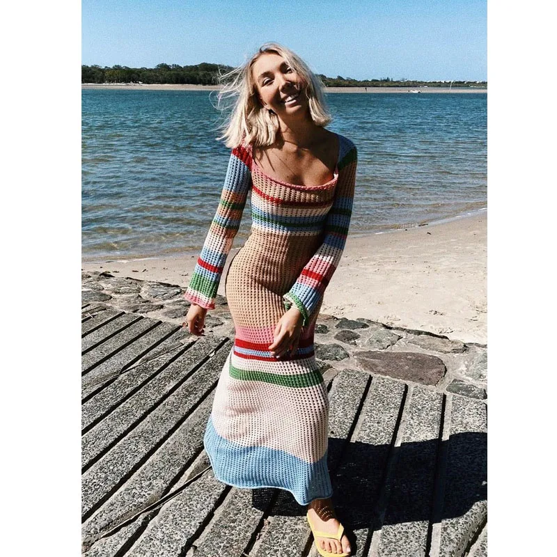 

Women's Knitting Dress Long Sleeve See-Through Mesh Loose Striped Slimming Fall Summer Midi Casual Outfit Beachwear Bathing Suit