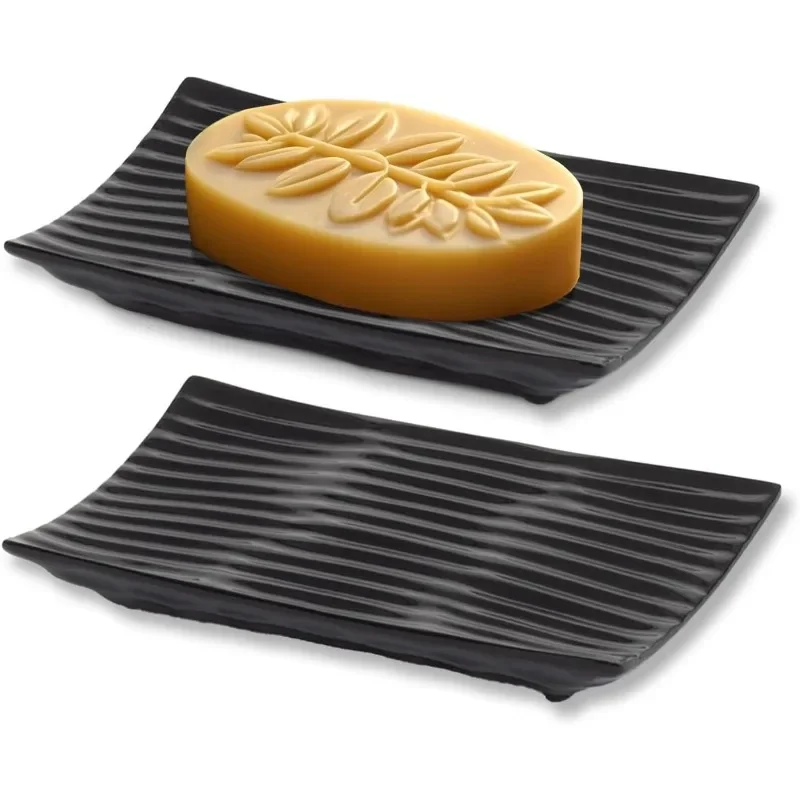 Modern Zen Black Soap Dish - 4.9 x 3 Inches - Durable Ceramic Bar Soap Holder with Soap Saver Ridges, Non Slip Feet