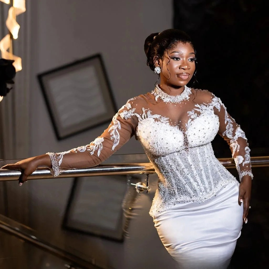 Customized High Neck Sparkly See Through Beads Appliques  Wedding Dress Robe De Mariée Full Sleeves Satin African Bridal Gown
