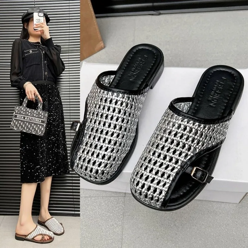 

Net Flat Fashion Sandals New Summer Round Head Breathable Non-slip Line Button Mary Jane Fishnet Shoes Ladies Shoes