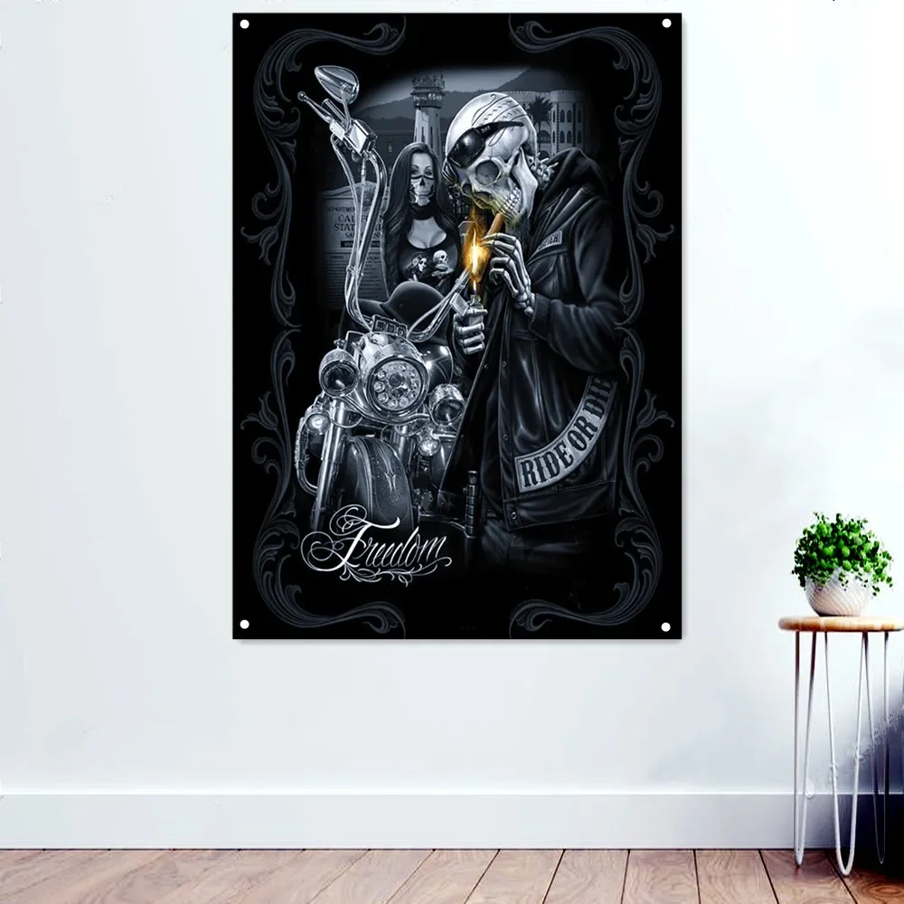 

Smoking skeleton motorcycle rider Wall Art Pictures Chicano Tattoo Poster Death Art Banner Wall Hanging Flag Canvas Painting