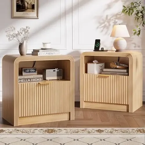 23'' Wide Fluted Nightstand Set of 2 with Charging Station, Beside Table with Drawers & Open Shelf, Mordern Large Night