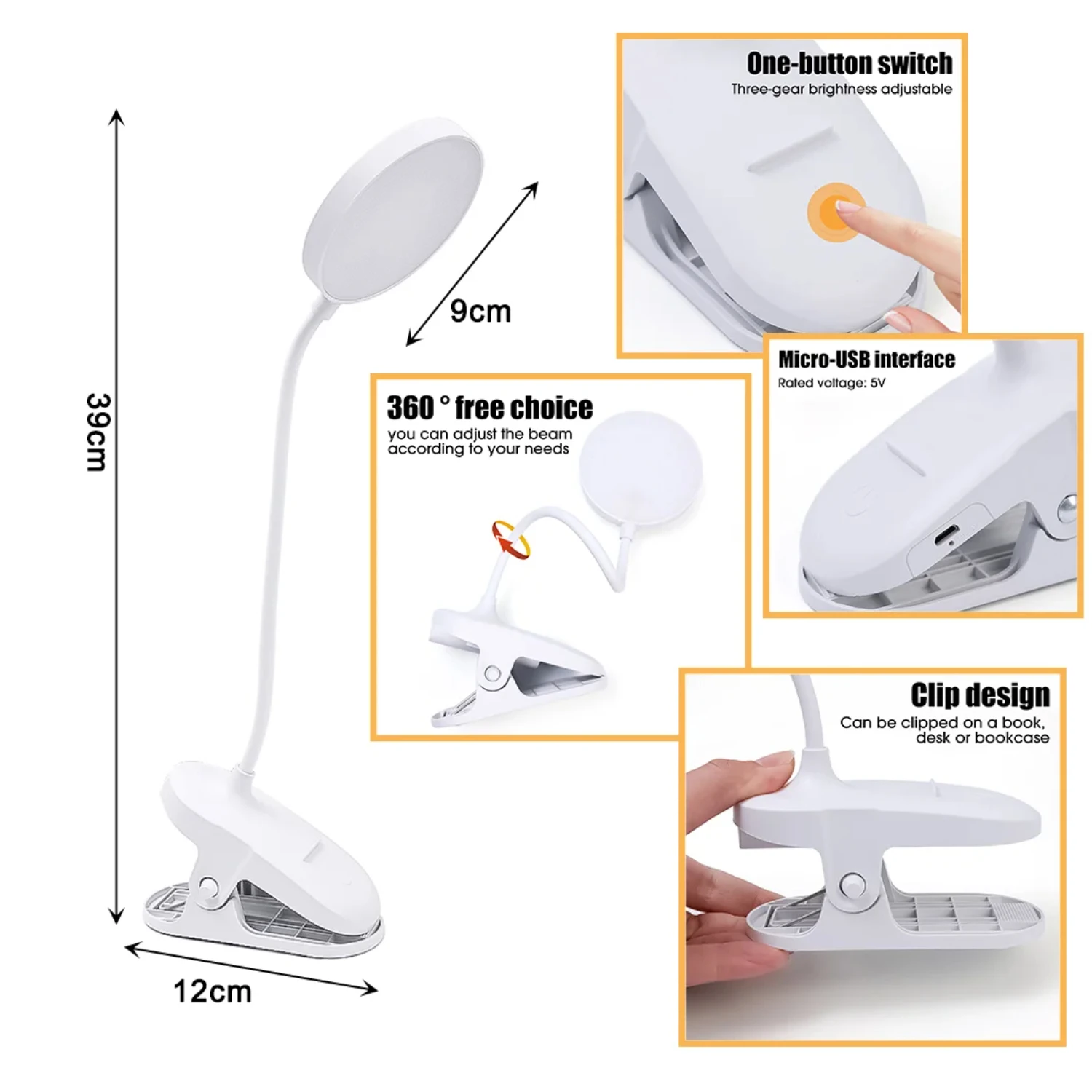 ° Flexible Lamp Clip LED Table Lamps with Clip 3 Brightness Dimming Eye Protection USB Plug Student Night Light Read Astronaut