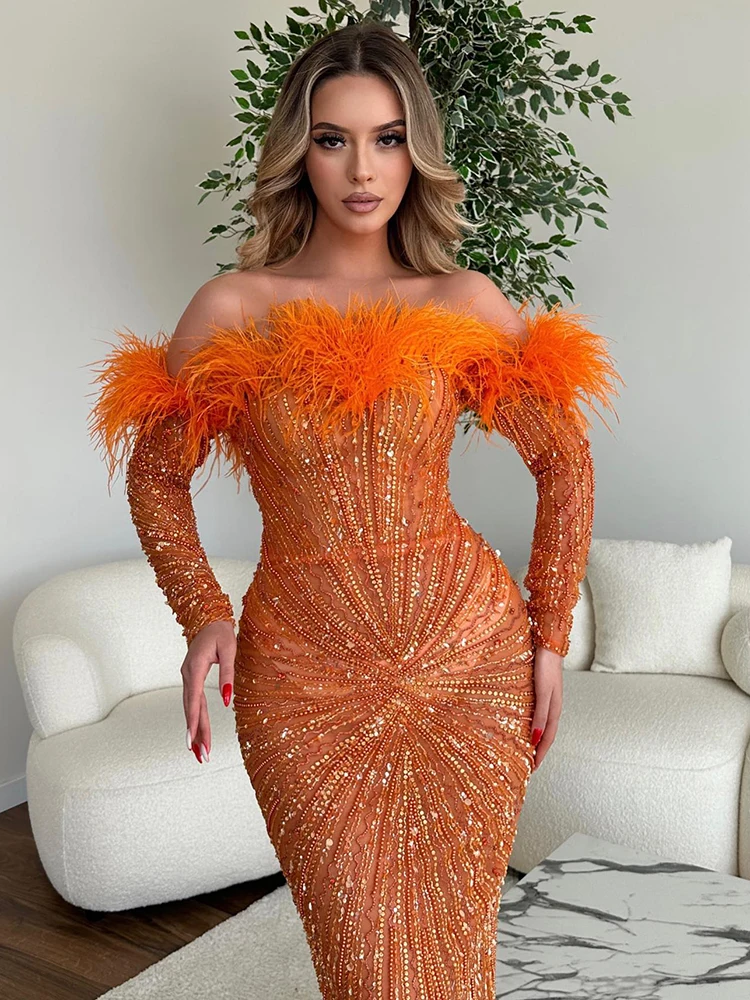Party Evening Off Shoulder Mesh Sequins Feather Maxi Long Orange Bodycon Dress Elegant  Ball Gowns