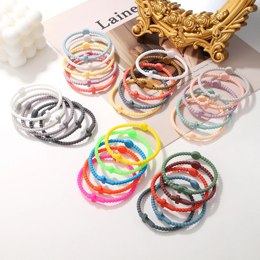 Fashion Simple Macaron Cross Bracelet Children's Bracelet Adult Silicone Bracelet Colorful Bracelets Set Hapiship Jewelry Sets