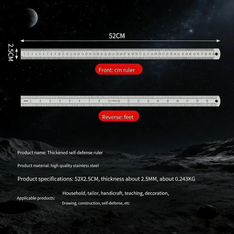 Regla de Acero Forjado Longquan de 2.5mm - Herramienta Multiusos para Auto de 50cm con Diseño Reforzado para Medir y Defensa Personal