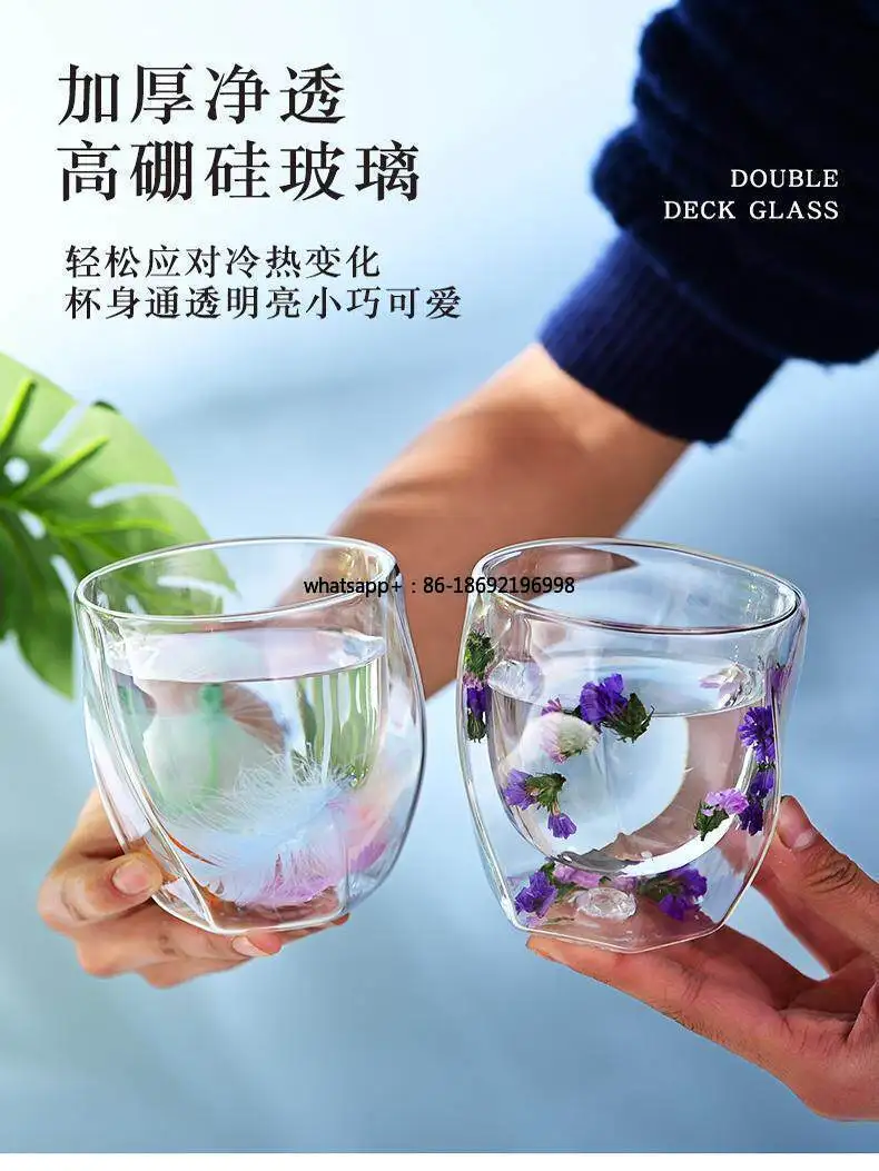 Double-layer Real Flower Glass Water Cup High Borosilicate High Temperature Resistant Household Coffee Cup Breakfast Milk