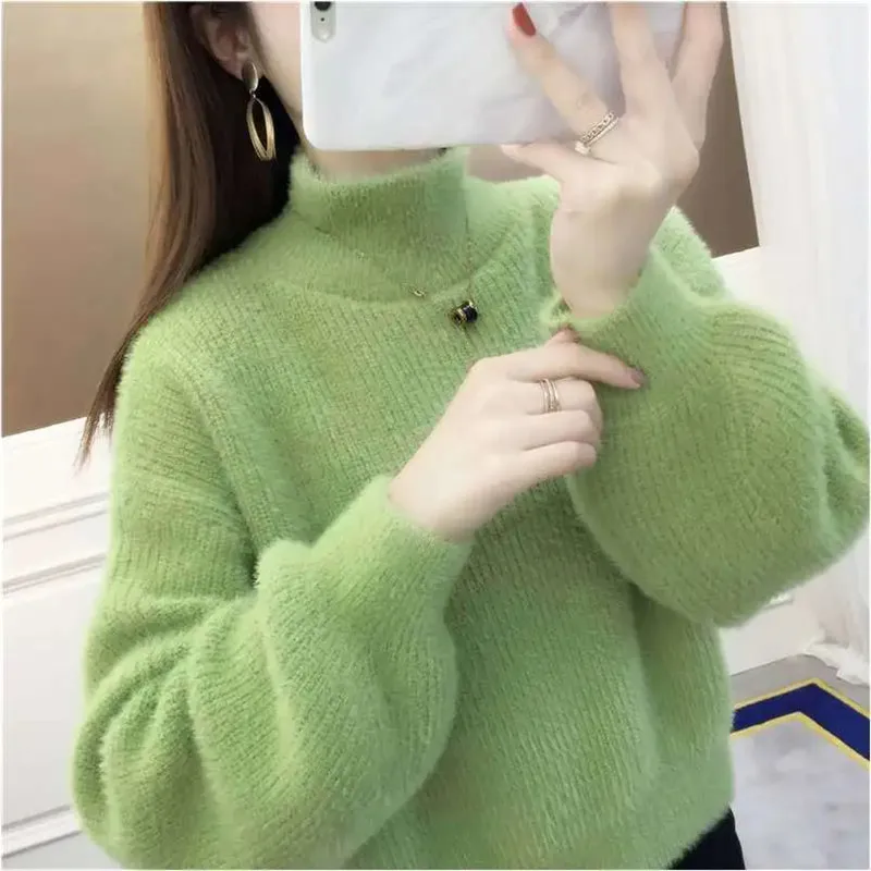 Autumn Winter New Half Turtleneck Imitation Mink Velvet Knitted Sweater Women Pullover Lantern Sleeve Knitwear Tops Female W750