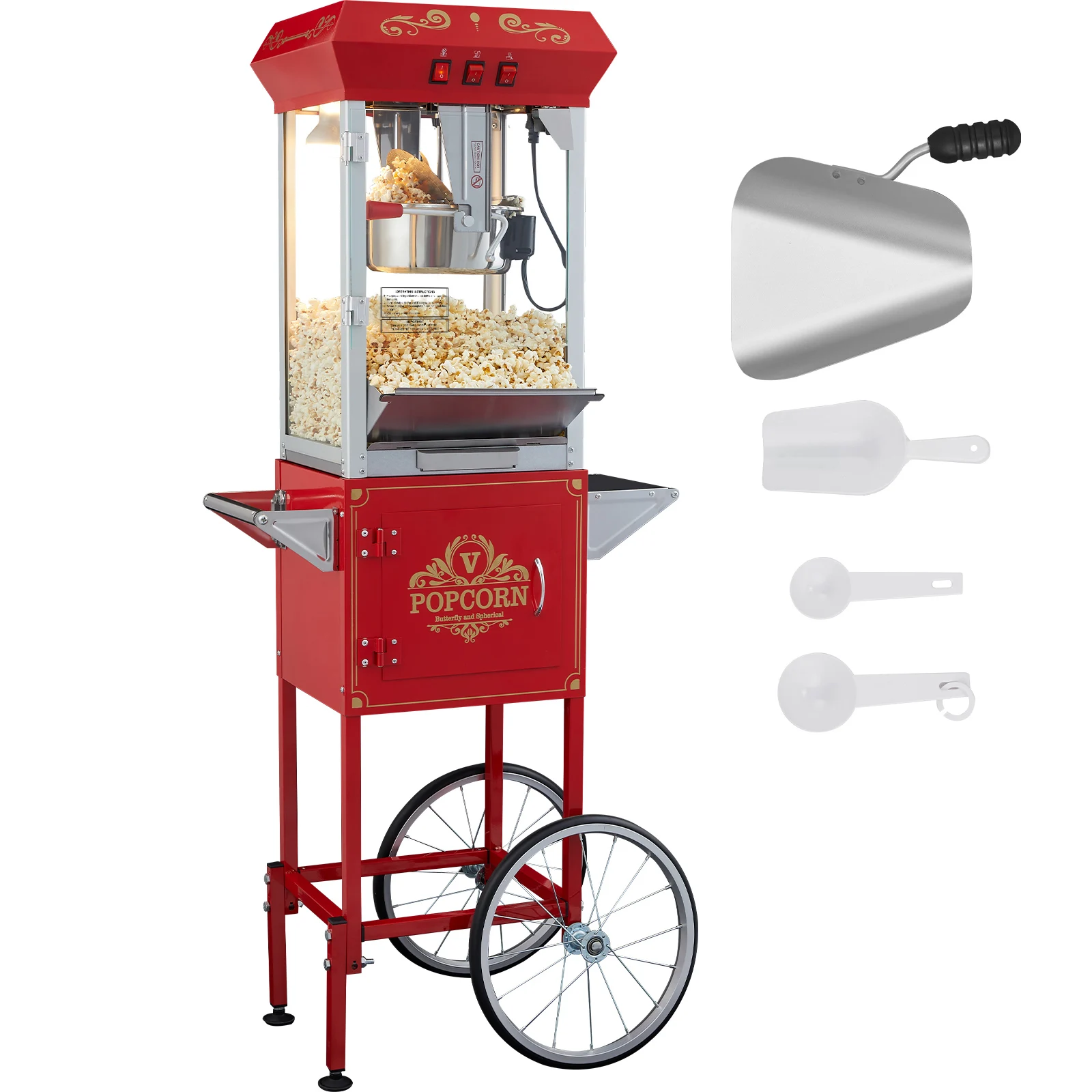 VEVOR Machine à Pop Corn avec Chariot, Appareil à Pop-corn Électrique 850 W, Grand Bol de 227 g pour 48 Tasses par Lot, avec Verre Trempé, 4 Cuillères, Style Cinéma, pour Fête Magasin Soirée, Rouge