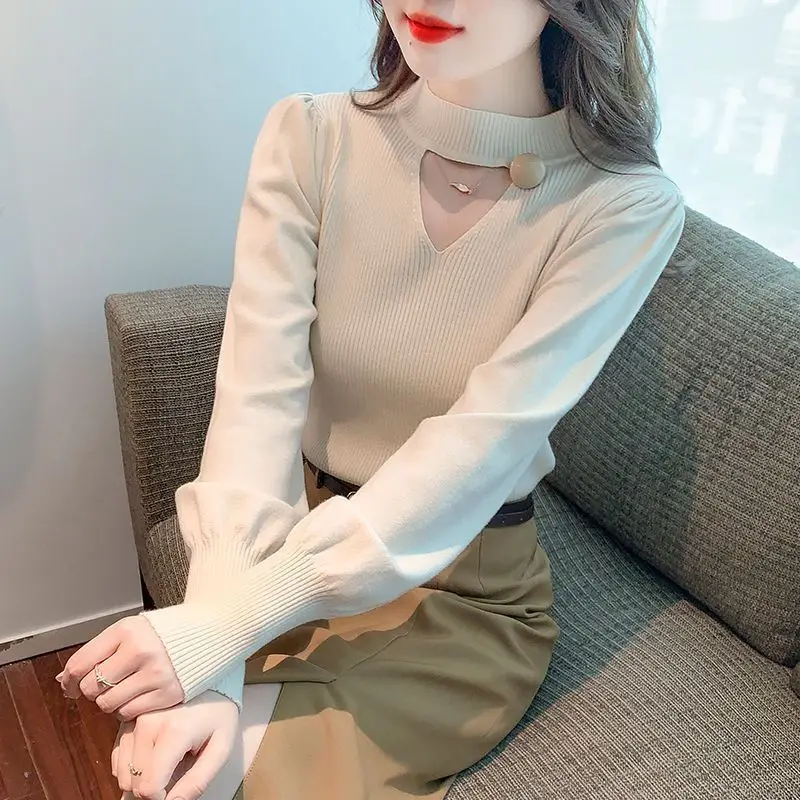 Temperament Hollow Out Knitting Tops Autumn New Solid Long Sleeve O-Neck Loose Sweaters Pullovers Korean Fashion Women Clothing