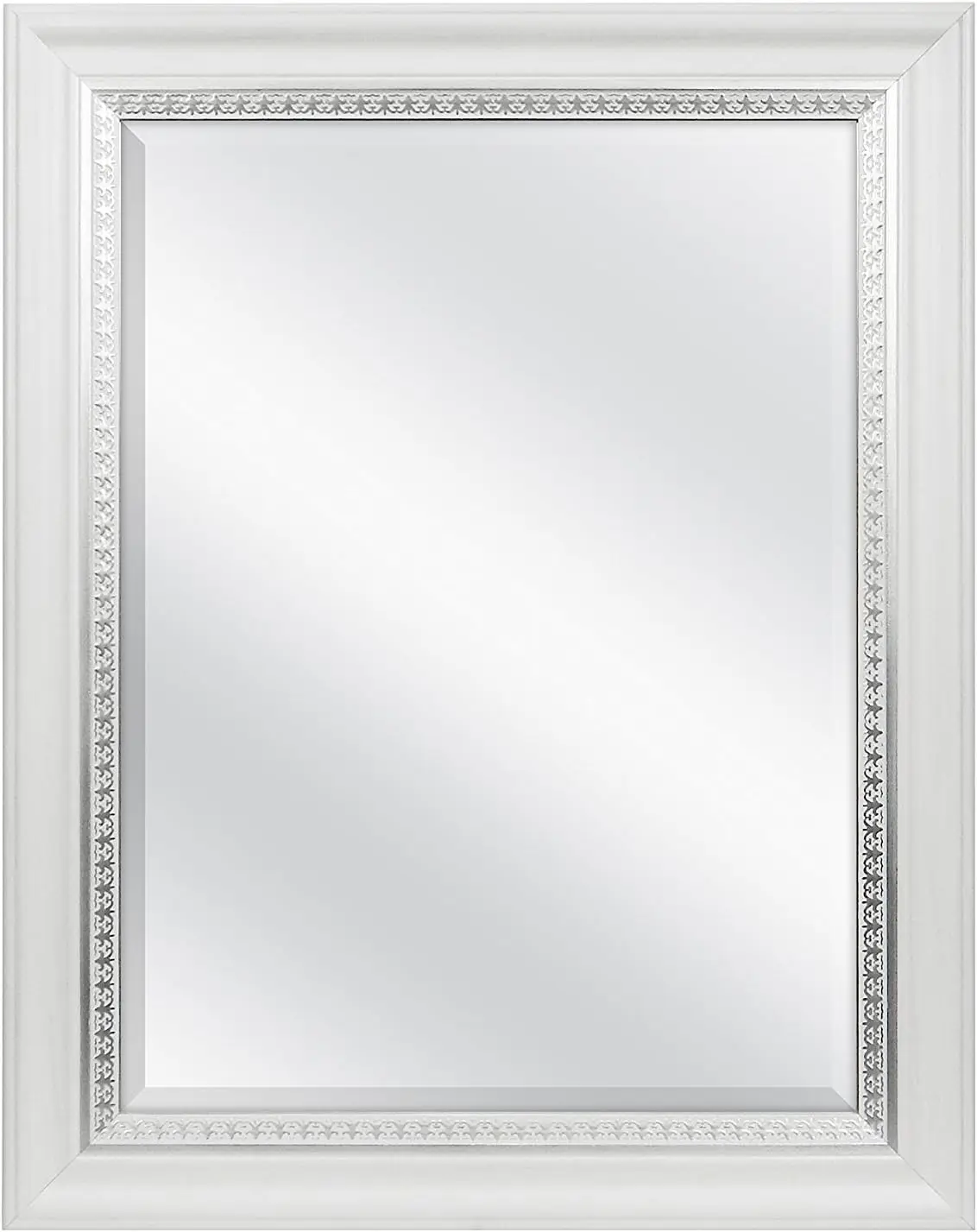 

Large Wall Mirror with White Wood Frame & Silver Detail, Beveled Glass for Bathroom Bedroom Living Room