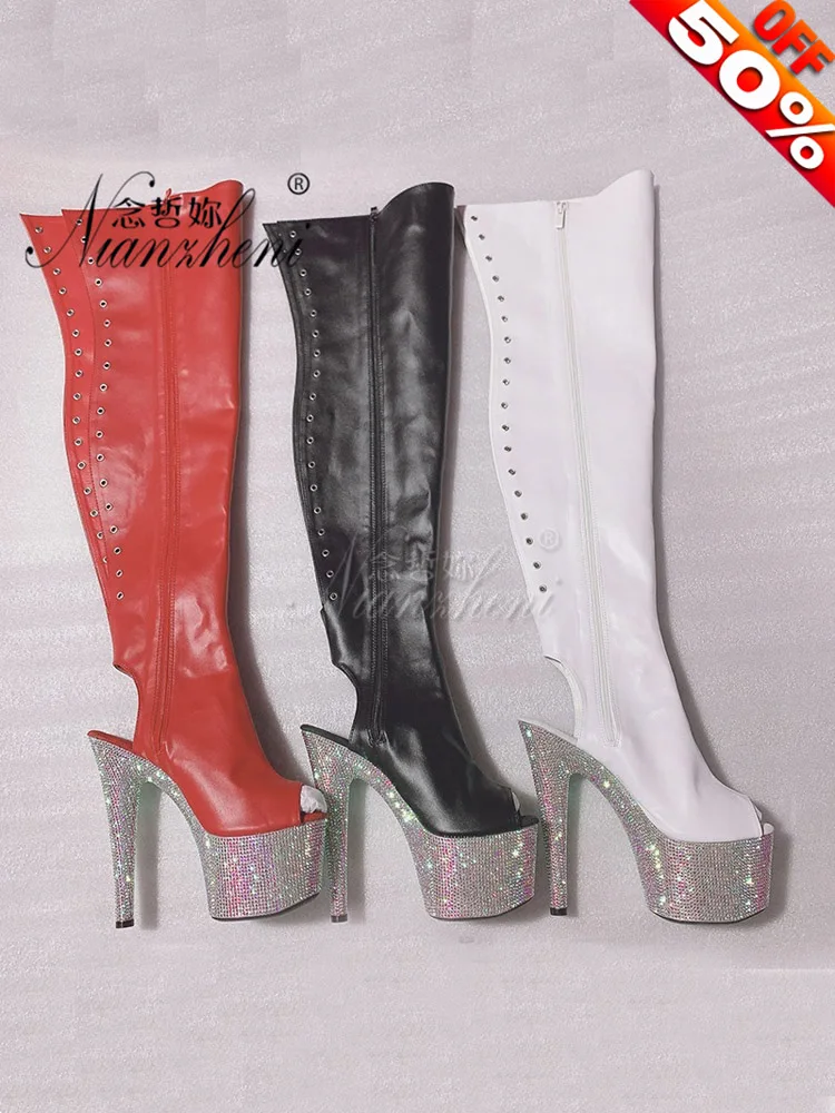 

Gothic Platform Over-The-Knee Boots with Rhinestone Glitter 17cm Heel High Heels for Stage Performance Pole Dancing Party Sexy E
