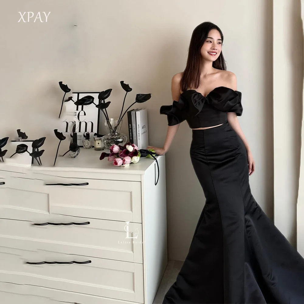 

XPAY Elegant Black 2Pcs Korea Evening Dresses Off the Shoulder Satin Formal Prom Party Gown Mermaid Photo Shoot Floor-Length