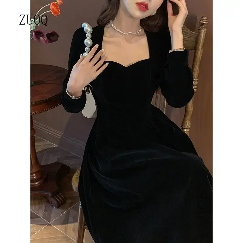 Vestido Negro Francés de Terciopelo para Mujer, Primavera y Otoño 2026, Nuevo Vestido Estilo Hada con Cintura Ajustada, Vestido de Fiesta Elegante de Alta Gama para Mujer