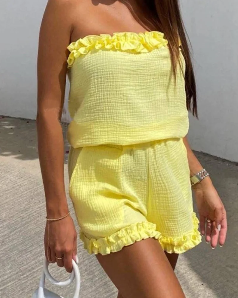 Frill Hem Bandeau Top & Shorts Set Women Strapless Sleeveless Tops High Waist Shorts Pants Summer