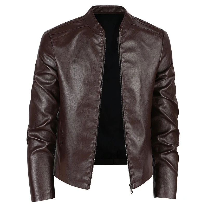 Men Spring New Thin PU Motorcycle Leather Jacket Solid Color Stand Collar Slim Handsome Casual Windproof Daily Male Fashion