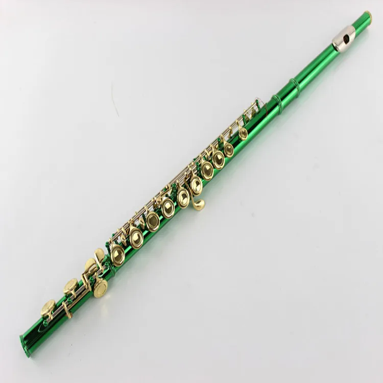16-Hole Closed Style C Tune Flute, Professional Open Hole Flute Instrument, B Tail E Key, Green Body Golden Keys