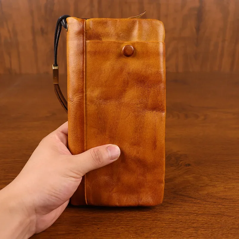 New First-layer Cowhide Hand-polished Vegetable Tanned Leather Old Men's Wallet Long Zipper Multi-functional Retro Card Bag